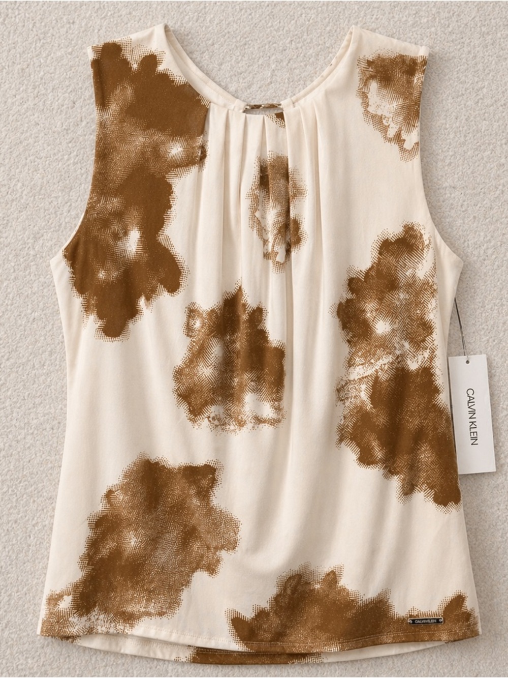 Calvin Klein Cream Sleeveless Pleated Neck Top with Brown Abstract Print NWT